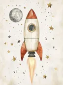 Schilderij van een raket tussen sterren en de maan in aquarelstijl