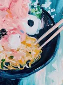 Schilderij van een kom ramen met ei en eetstokjes.