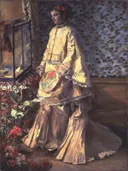 Rapha Maitre 2 van Pierre-Auguste Renoir: portret met vrouw, japon, behang en staand, in crème en okergeel