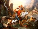Rast am Brunnen van François Boucher: landschap met bron, herders, schapen en paard, in warm bruin en blauw