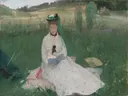 Reading van Berthe Morisot: figuren met vrouw, lezen, gras en hoed, in groen met wit