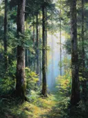Realistisch schilderij van een boslandschap met rotsen