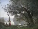 Recollection of Mortefontaine van Jean-Baptiste Camille Corot: landschap met meer, bomen, figuren en water, in gedempt groen en zilvergrijs