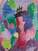 Red Path, St. Prex van Alexej von Jawlensky: abstract met kleurvlakken, vormen, pad en landschap, in blauw, roze en groen