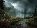 Schilderij van een regenachtig bergmeer met wilde bloemen
