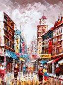 Abstract schilderij van een regenachtige stadsstraat