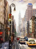 Schilderij van een regenachtige straat in New York