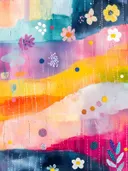 Horizontale kleurbanen in regenboogtinten met kleine bloemen en druppelmotief