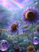 Schilderij van zonnebloemen met een regenboog en zwevende bellen