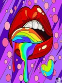 Pop-art illustratie van rode lippen met een druipende regenboogkleurige tong