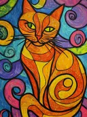 Regenboog kat in vloeiende krullen, popart schilderij