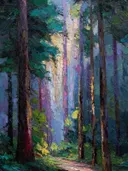 Schilderij van een regenboogkleurige lichtstraal in het bos