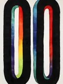 Abstract schilderij met zwarte lussen en regenboogkleuren