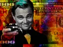 Kleurrijk regenboog schilderij van een miljoen dollarbiljet met het gezicht van een lachende man in pak