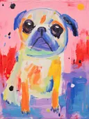 Expressief geschilderd portret van een pug hond in veelkleurige verf.