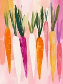 Schilderij van negen verschillend gekleurde wortels met groen loof tegen een roze achtergrond.