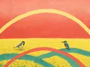 Regenboogbogen met vogels in koraalrood en zeegroen, botanisch schilderij