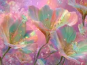 Schilderij van glasachtige bloemen in regenboogkleuren met een vlinder