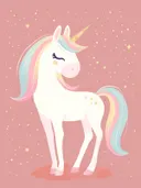 Schilderij van een witte eenhoorn met regenboogkleurige manen op een roze achtergrond