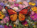 Schilderij van een vlinder met rood-geel-oranje vleugels op een pastelkleurige achtergrond