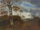 Regenstimmung im Moor van Otto Modersohn: landschap met berk, veen, regen en wolken, in gedempt bruin en grijs
