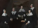 Regentessen van het Oudemannenhuis van Frans Hals: portret met vrouwen, tafel, kapjes en kraag, in zwart, wit en bruin