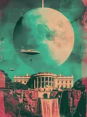 Surrealistisch schilderij van gebouw met ufo's en grote maan