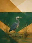 Schilderij van reiger in amber en flessengroen