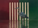 Schilderij van reiger in bordeaux en bosgroen, in vlakke kleurvlakken