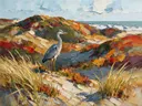 Reiger in de duinen bij zee, landschap schilderij