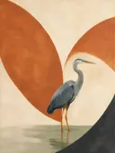 Schilderij van reiger in roest en crème, in vlakke kleurvlakken