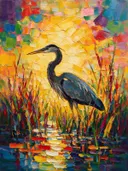 Reiger tussen riet in amber, schilderij van reiger tussen riet, met het paletmes geschilderd