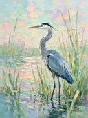 Reiger tussen riet in smaragd, schilderij van reiger tussen riet, met het paletmes geschilderd