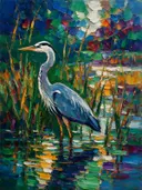 Reiger tussen riet, schilderij van reiger tussen riet, met het paletmes geschilderd