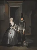 Reinier Adriaansz's Declaration of Love by 181 van Cornelis Troost: interieur met paar, kamer, hond en deur, in donker met wit