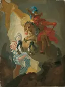 Reitender Feldherr van Josef Winterhalder der Jüngere: figuren met ruiter, paard, veldheer en schets, in lichtblauw, rood en geel
