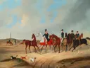 Reiterkavalkade mit Hunden van August von Rentzell: dieren met paarden, ruiters, honden en vlakte, in warm bruin met blauw