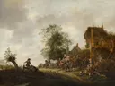 Reizigers voor een herberg van Isaac van Ostade: landschap met herberg, reizigers, paarden en wagen, in warm okerbruin