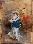 Rejane on stage van Giovanni Boldini: figuren met vrouw, toneel, jurk en hoed, in blauw en okerbruin