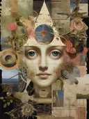 Surrealistisch collageportret met renaissance-elementen