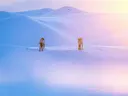 Twee rendieren lopend door een besneeuwd heuvellandschap.