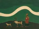 Rendieren en herder in dennengroen en klei, landschap schilderij