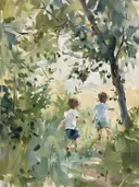 Schilderij van twee kinderen die rennen in een grasveld