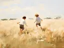 Twee jongens rennen door een korenveld