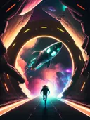 Astronaut rent naar een opstijgende raket