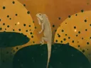 Schilderij van reptiel in amber en flessengroen, in vlakke kleurvlakken