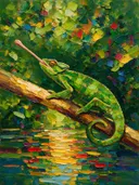 Reptiel in diep beweging aan het water, schilderij van reptiel