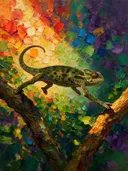 Reptiel in diep beweging tegen een muur in de schaduw, schilderij van reptiel