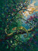 Reptiel in diep het landschap bij bloesem, schilderij van reptiel