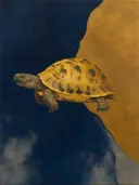 Reptiel in diep nachtblauw en goud, schilderij van reptiel